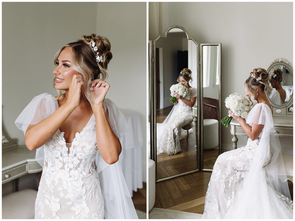 Bride getting ready in green room
