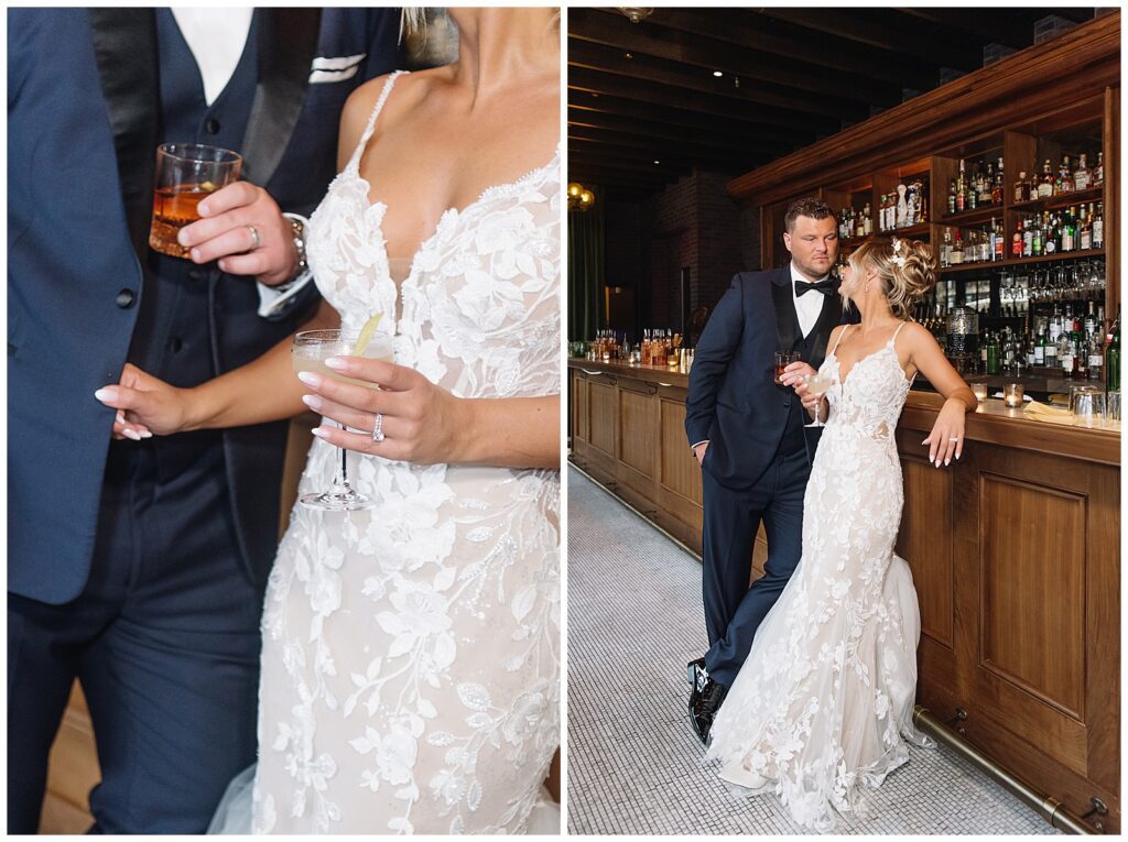 bride and groom at bar in book tower