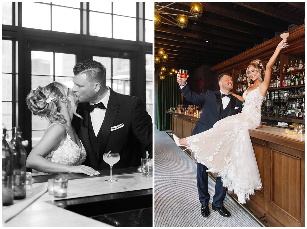 bride and groom at bar in kampers at book tower