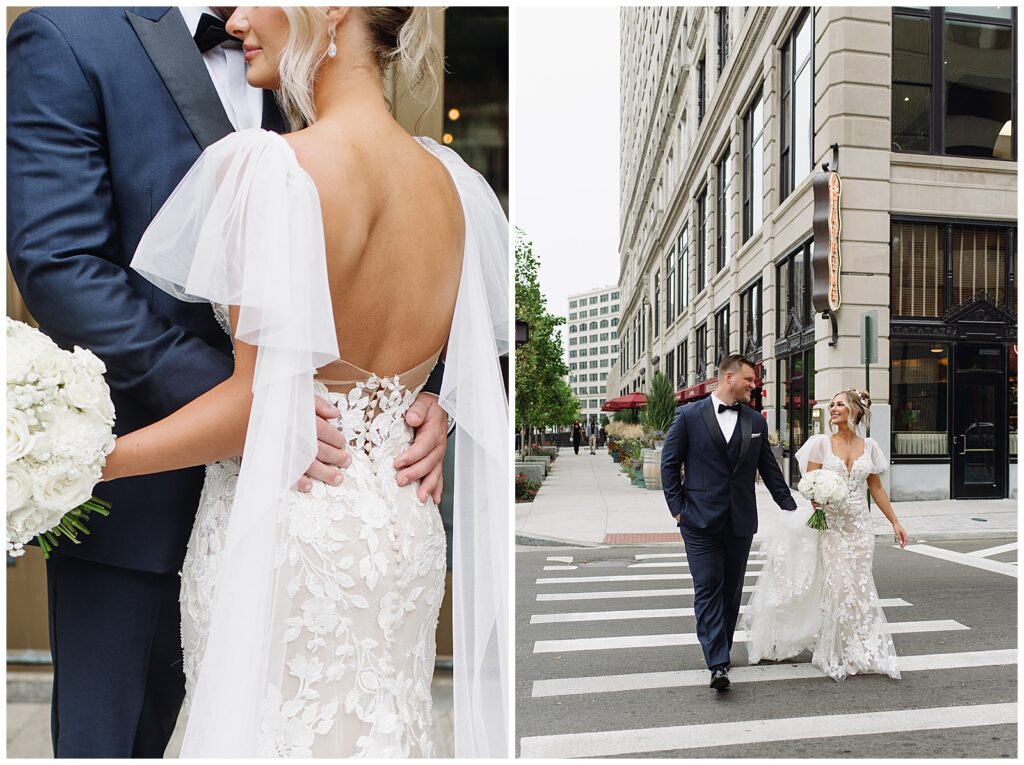 bride and groom in front of book tower