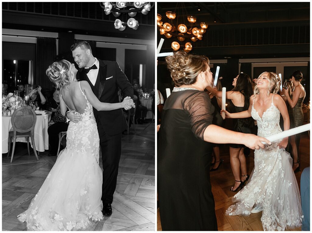 bride and groom first dance at book tower