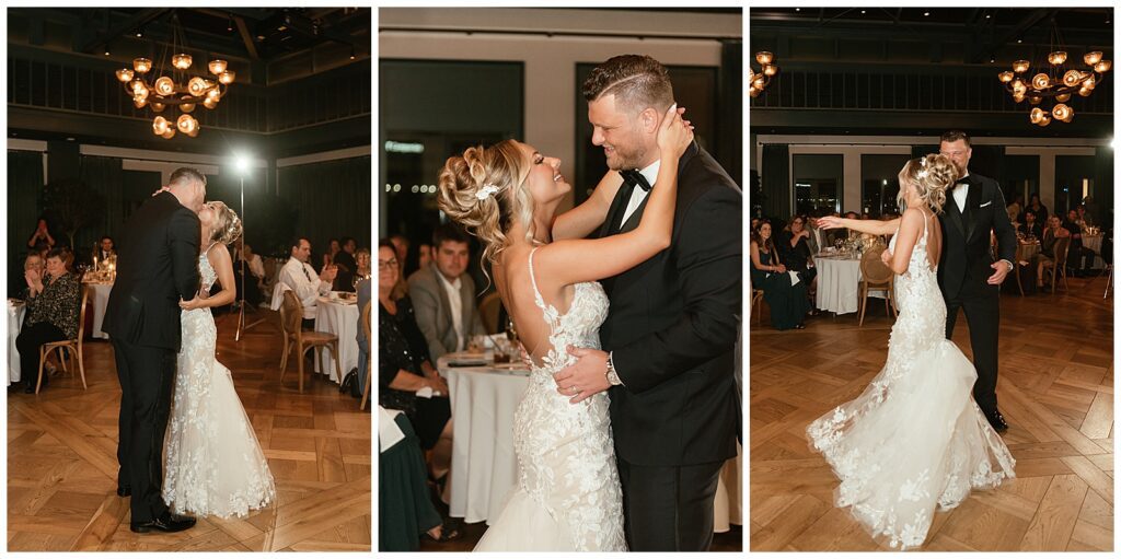 bride and groom dancing at book tower