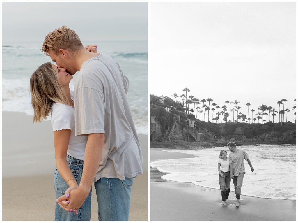 Two images of couple on the beach holding hands and walking on beach