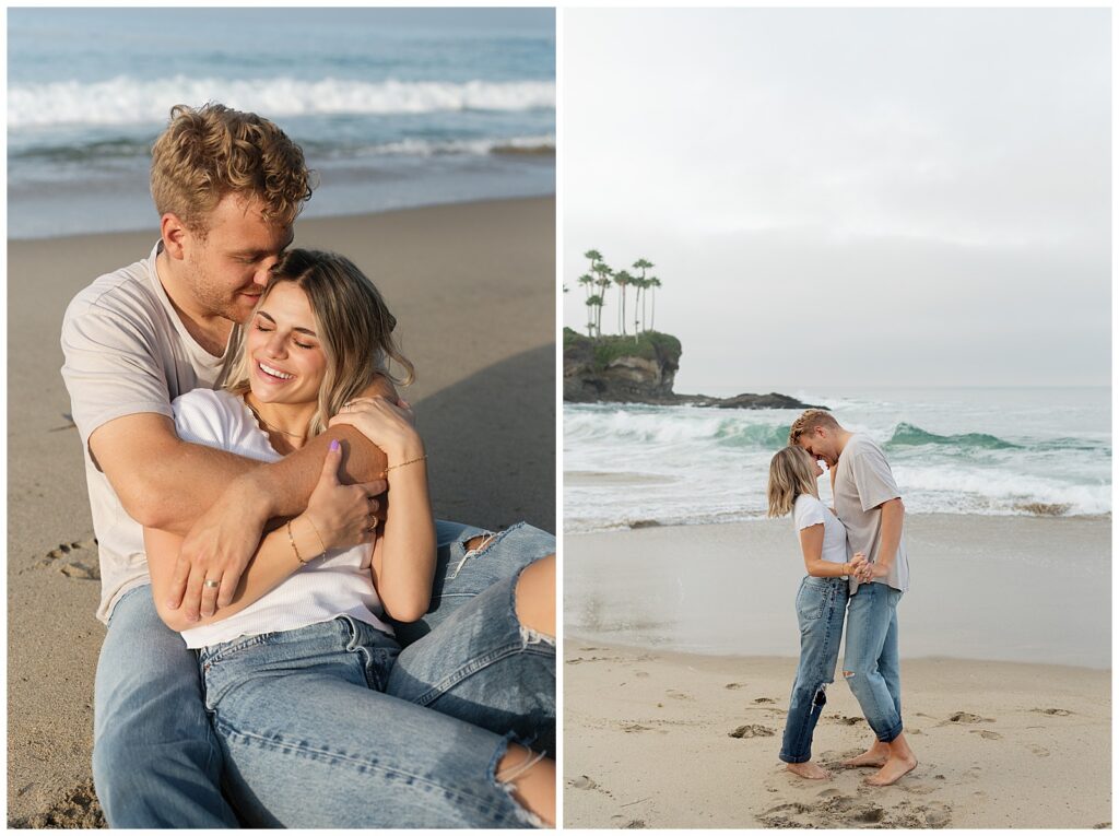 Two images of couple on the beach hugging