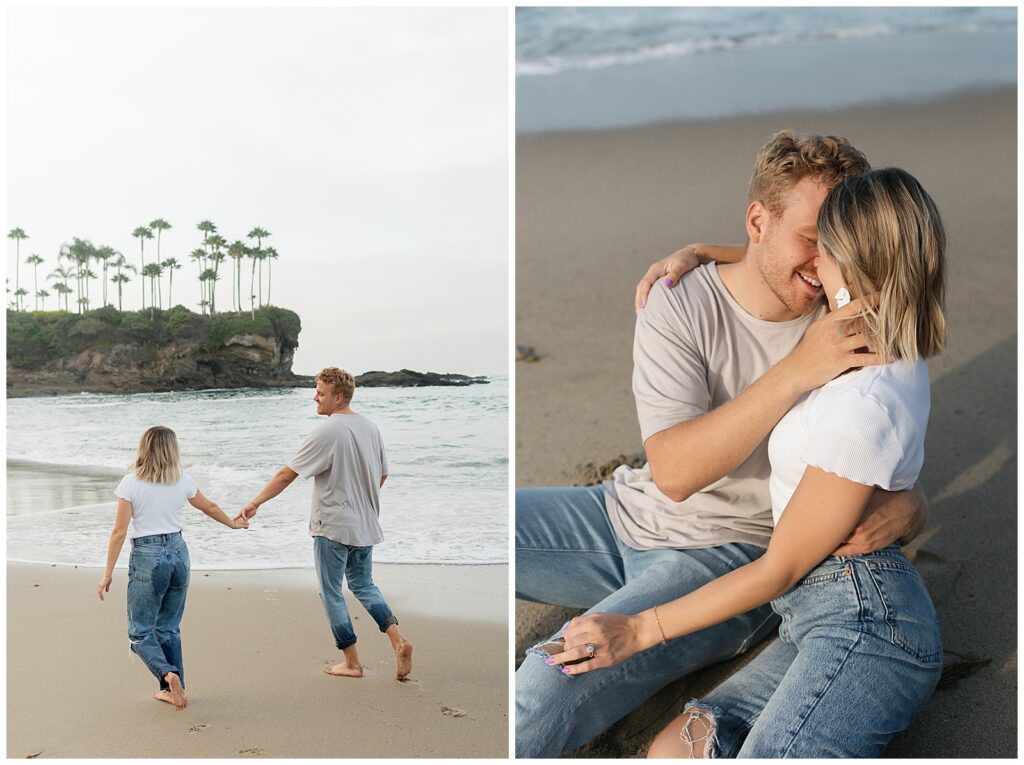 Two images of couple on the beach sitting next to each other and walking