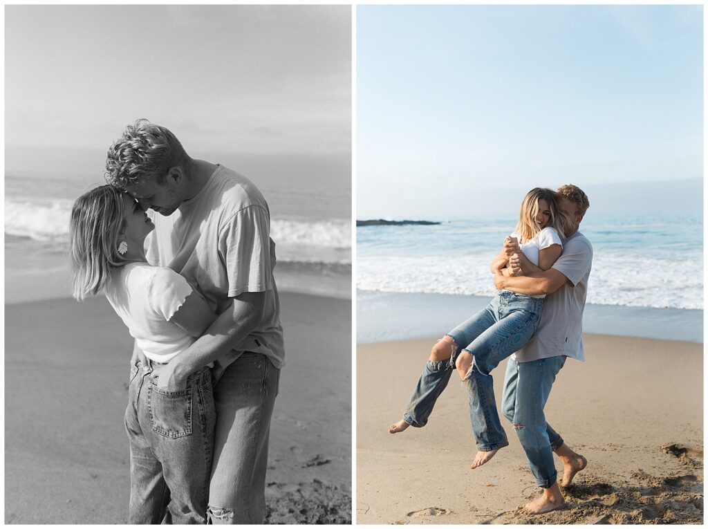 Two images of couple on the beach hugging