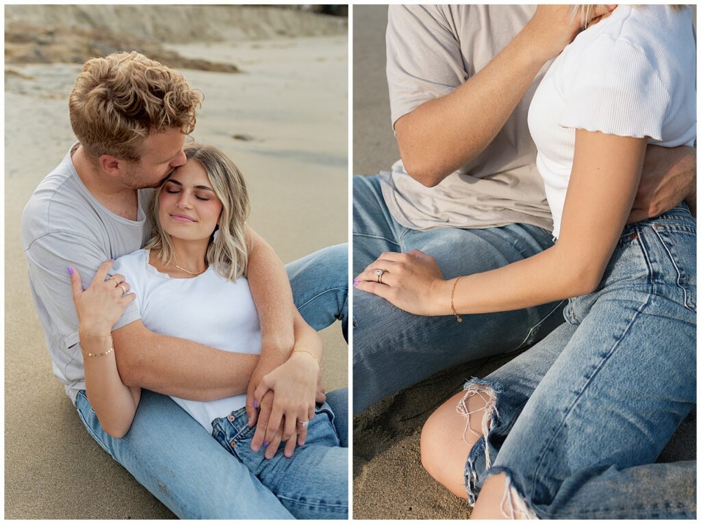 Two images of couple on the beach hugging