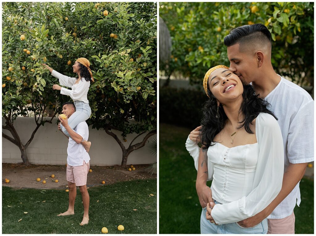 Palm Springs Engagement Photographer, Couple picking lemons